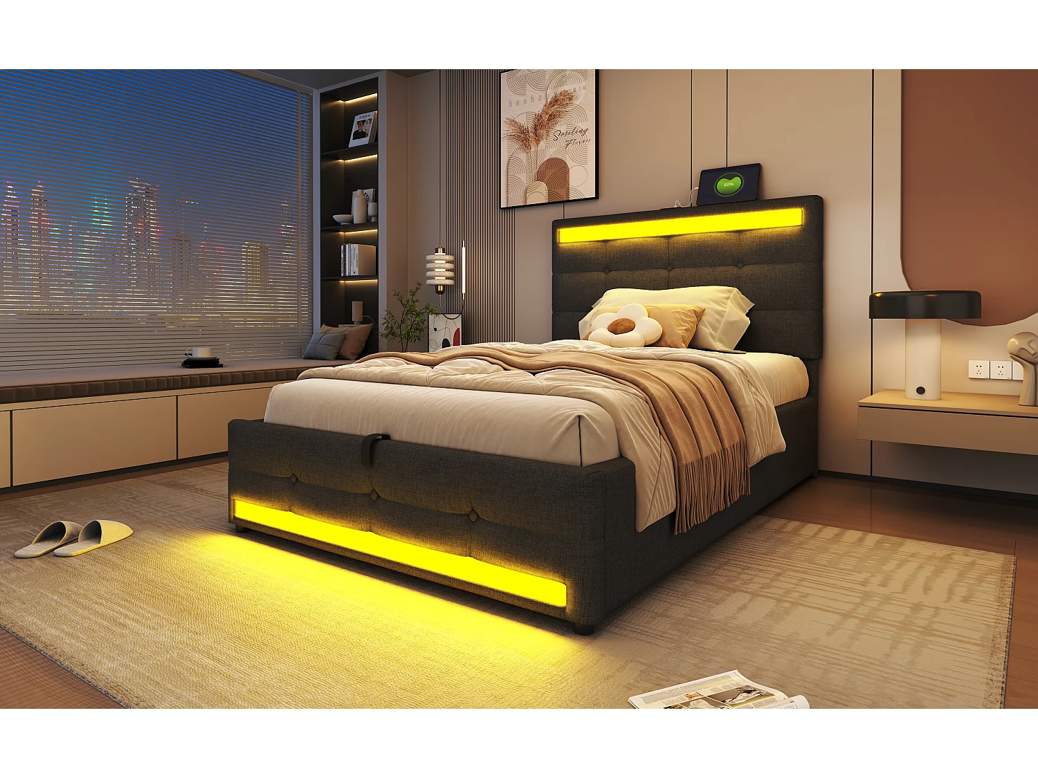 Cama infantil 90x200 cm linho cinza LED RGB USB armazenamento hidráulico moderno