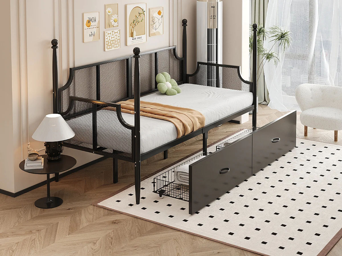 Cama de dia vintage de metal 90x200 com gavetas para quarto de adolescente em preto