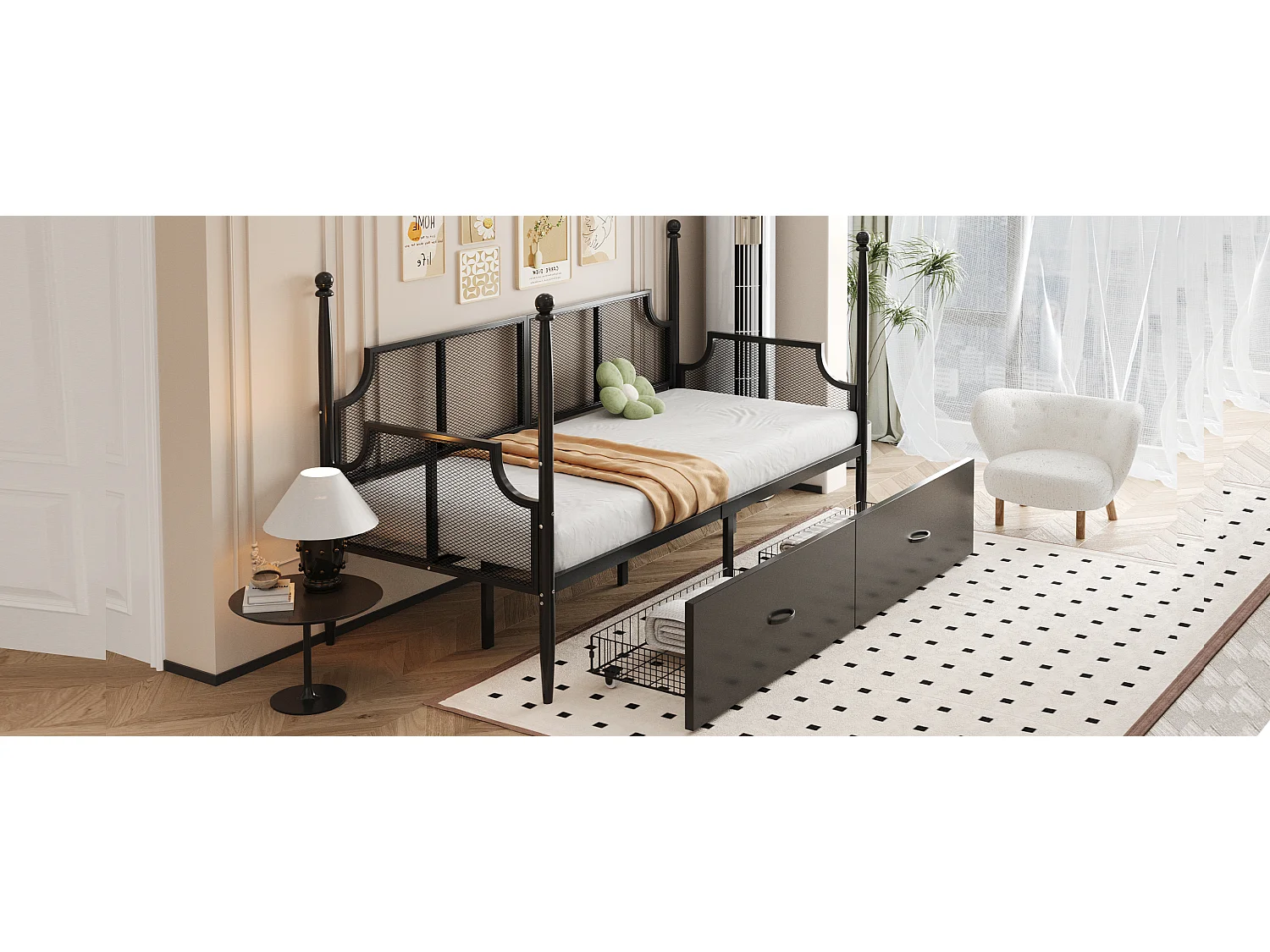 Cama de dia vintage de metal 90x200 com gavetas para quarto de adolescente em preto