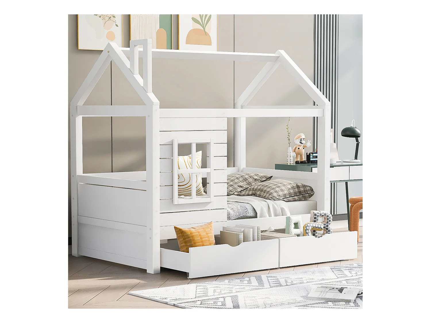 Cama casita infantil 80x160cm madera maciza con barandillas y cajones color blanco