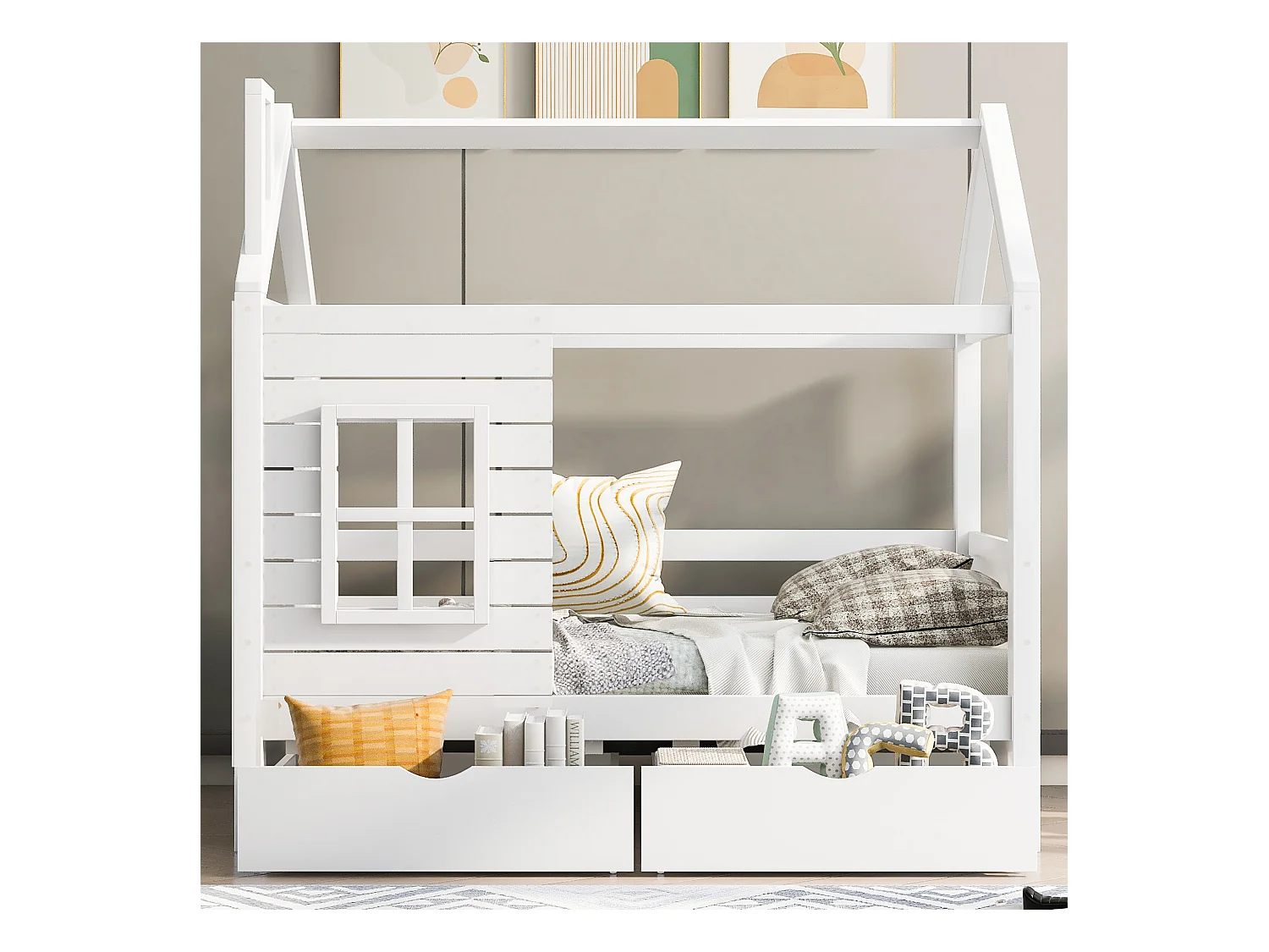 Cama casita infantil 80x160cm madera maciza con barandillas y cajones color blanco