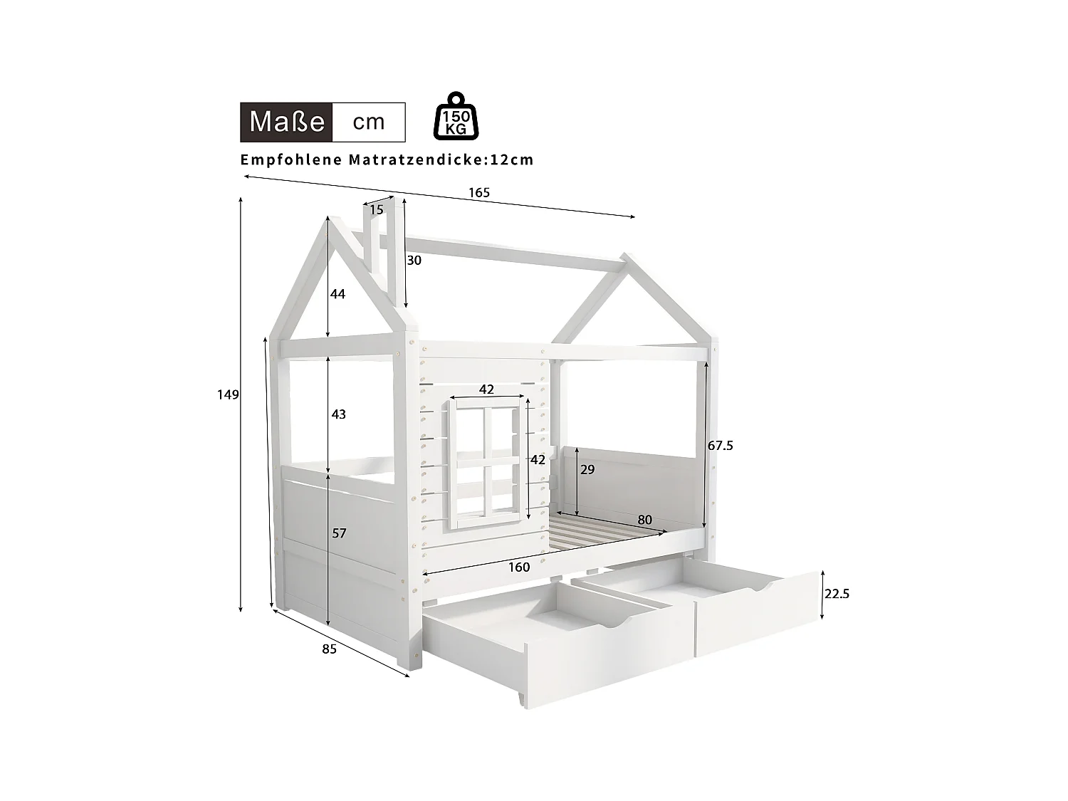 Cama casita infantil 80x160cm madera maciza con barandillas y cajones color blanco