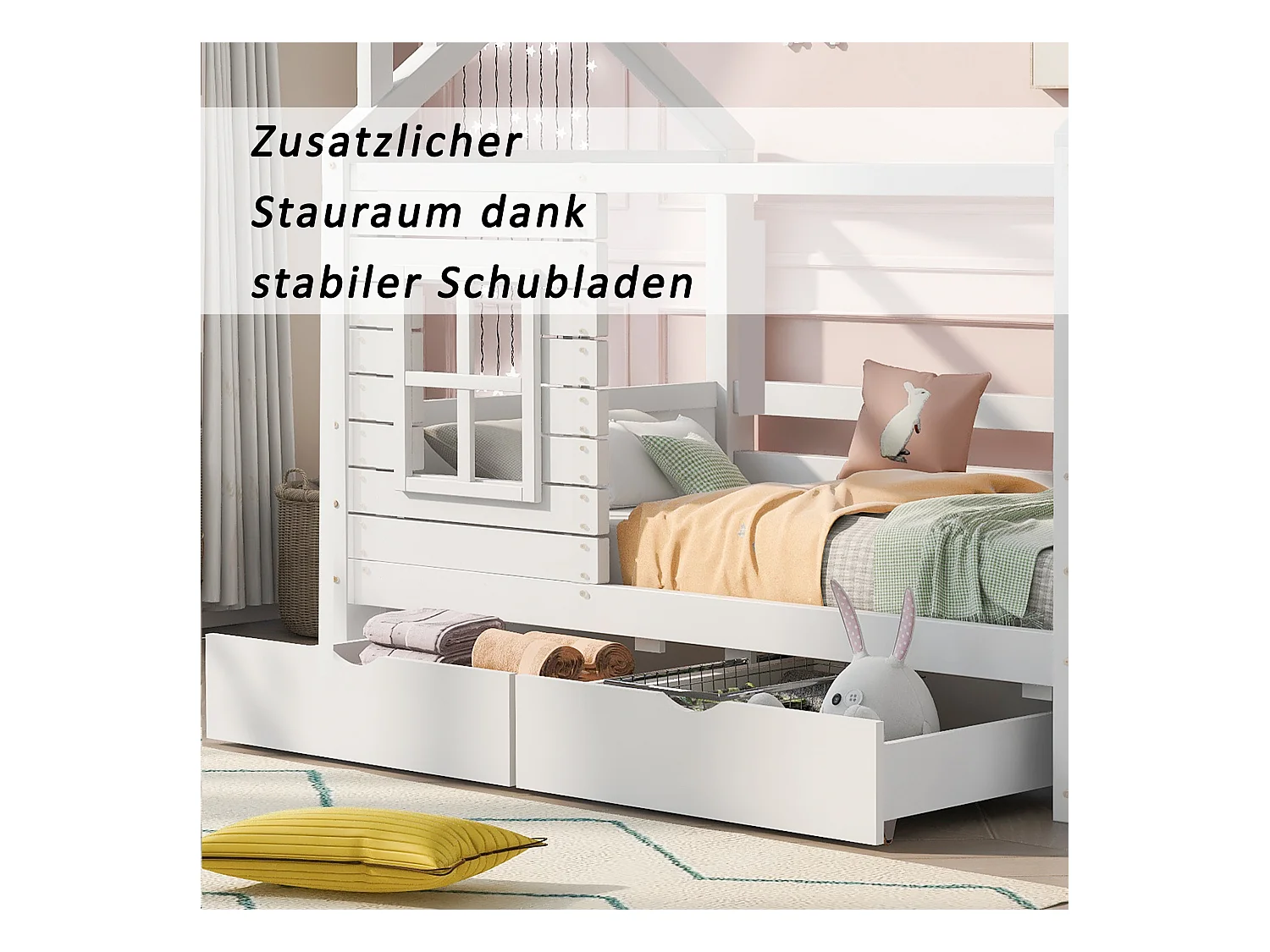 Cama casita infantil 80x160cm madera maciza con barandillas y cajones color blanco