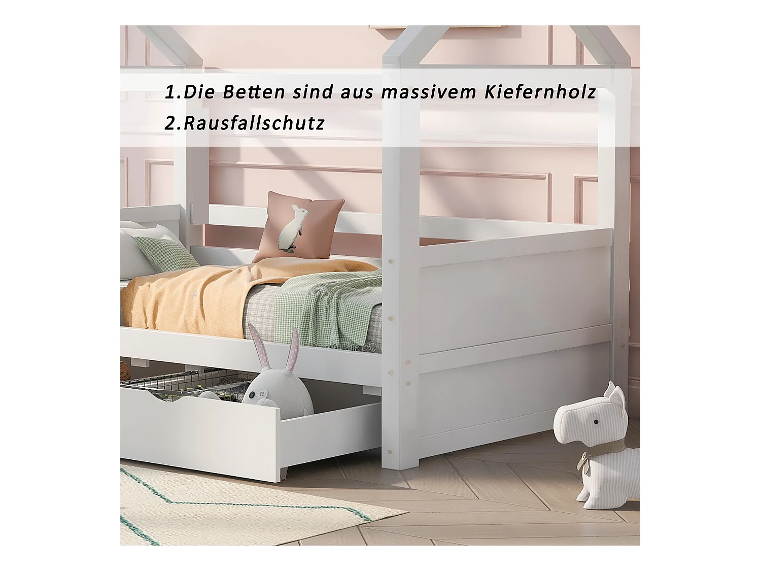 Cama casita infantil 80x160cm madera maciza con barandillas y cajones color blanco