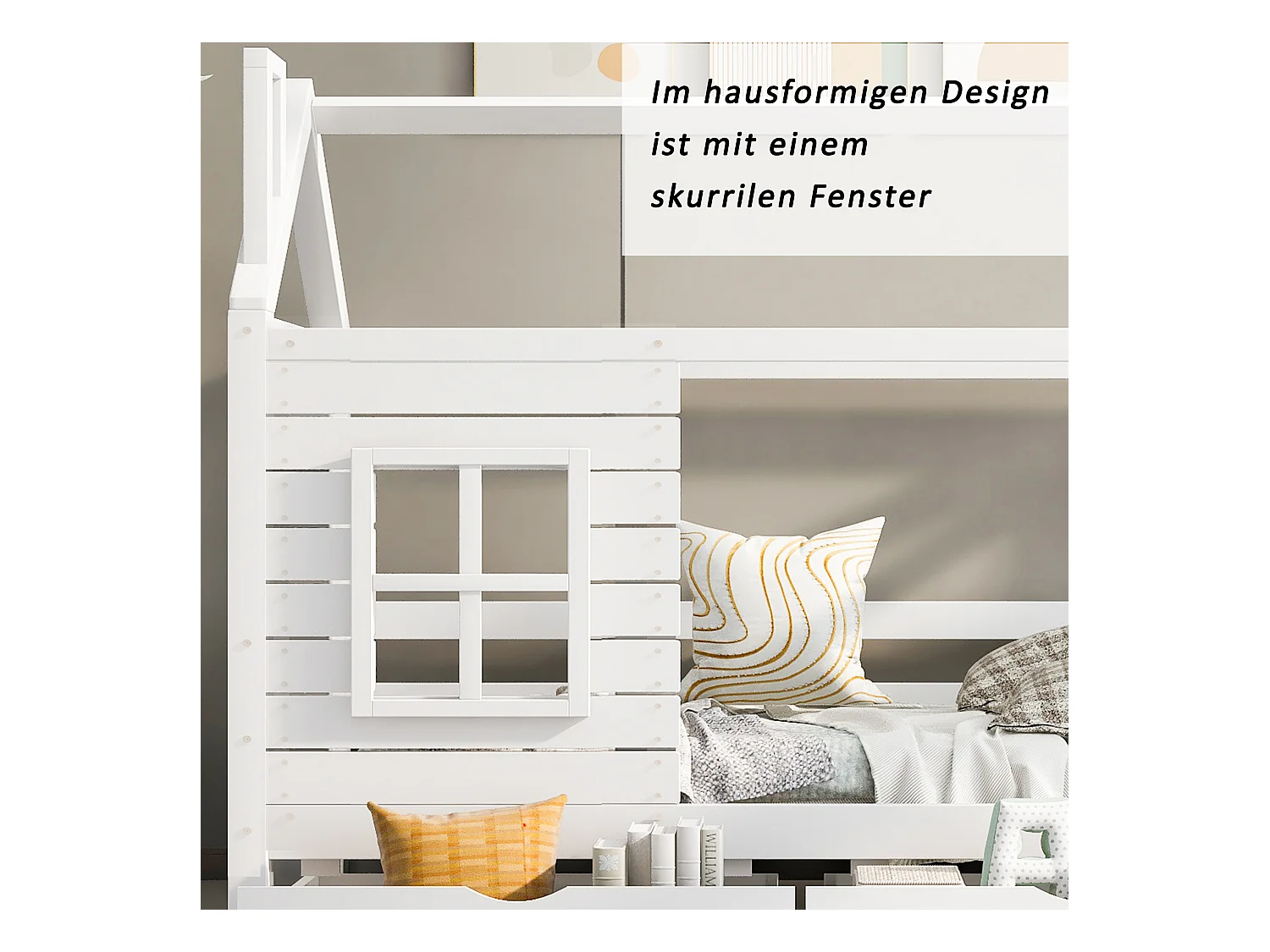 Cama casita infantil 80x160cm madera maciza con barandillas y cajones color blanco