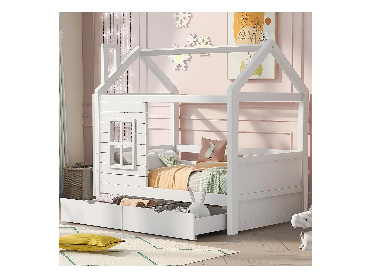 Cama casita infantil 80x160cm madera maciza con barandillas y cajones color blanco