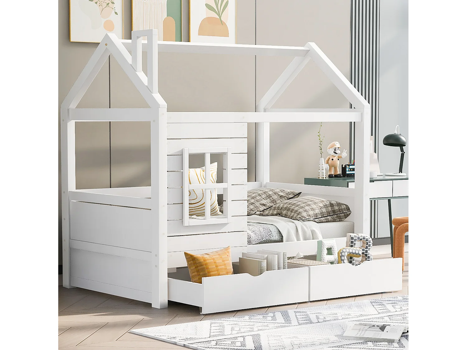 Cama casinha infantil 80x160cm madeira maciça com grades e gavetas branca