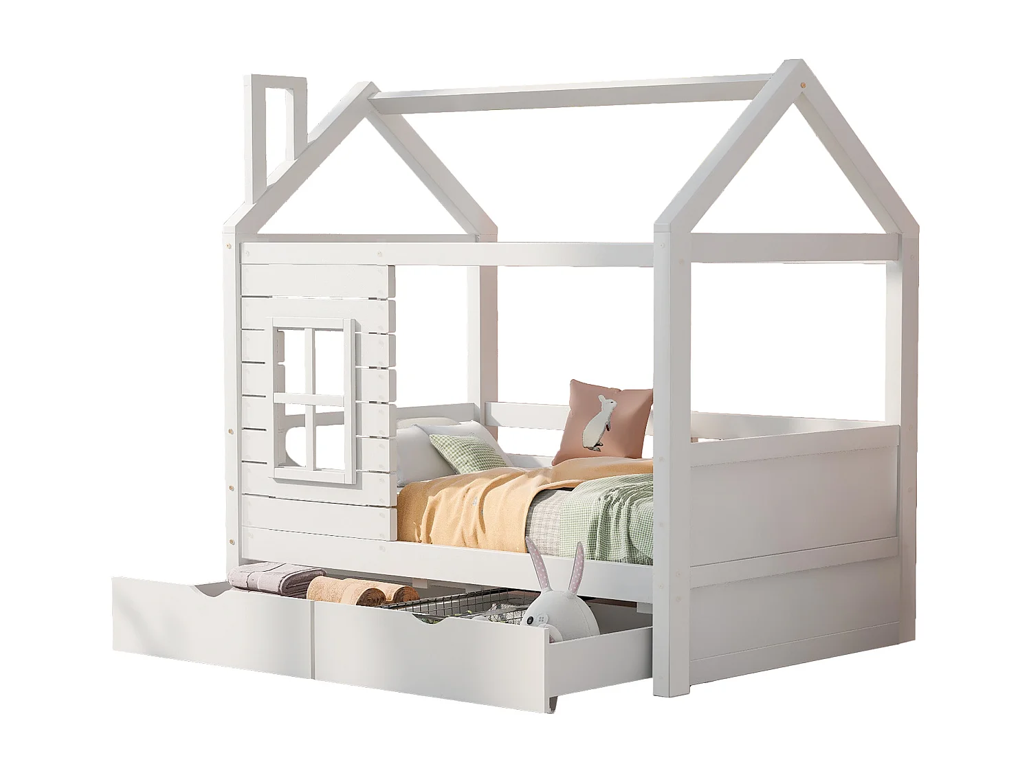 Cama casinha infantil 80x160cm madeira maciça com grades e gavetas branca