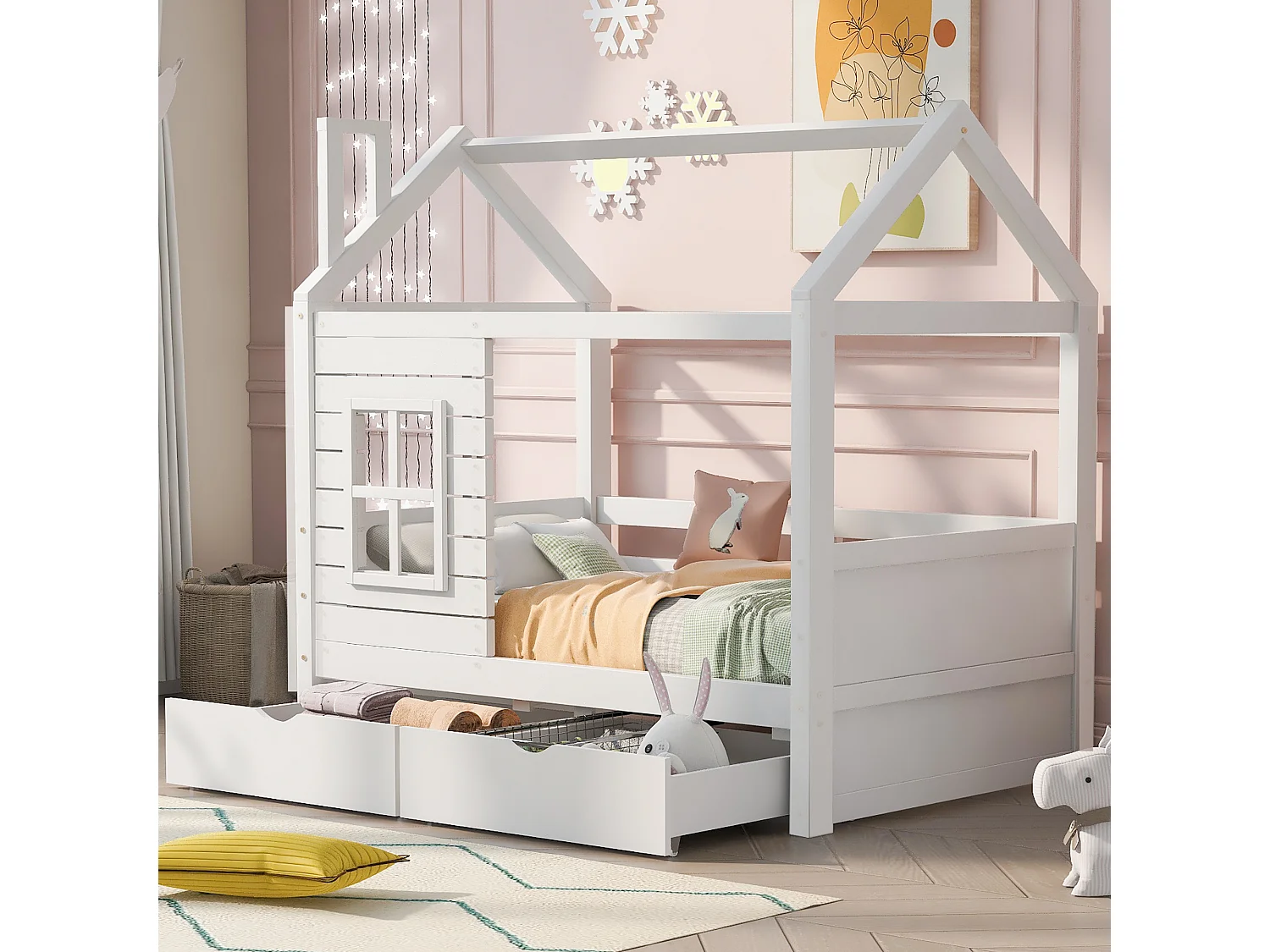 Cama casinha infantil 80x160cm madeira maciça com grades e gavetas branca