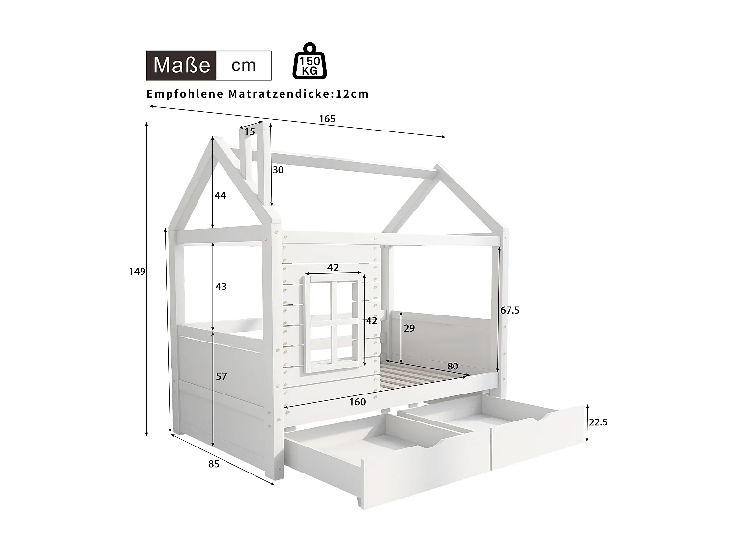 Cama casinha infantil 80x160cm madeira maciça com grades e gavetas branca