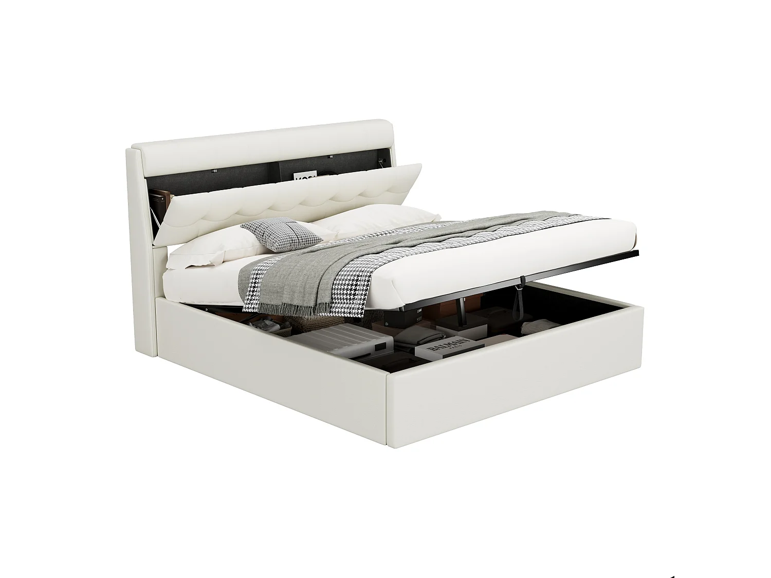 Cama estofada 160x200 PU branco com caixa de arrumação hidráulica e cabeceira