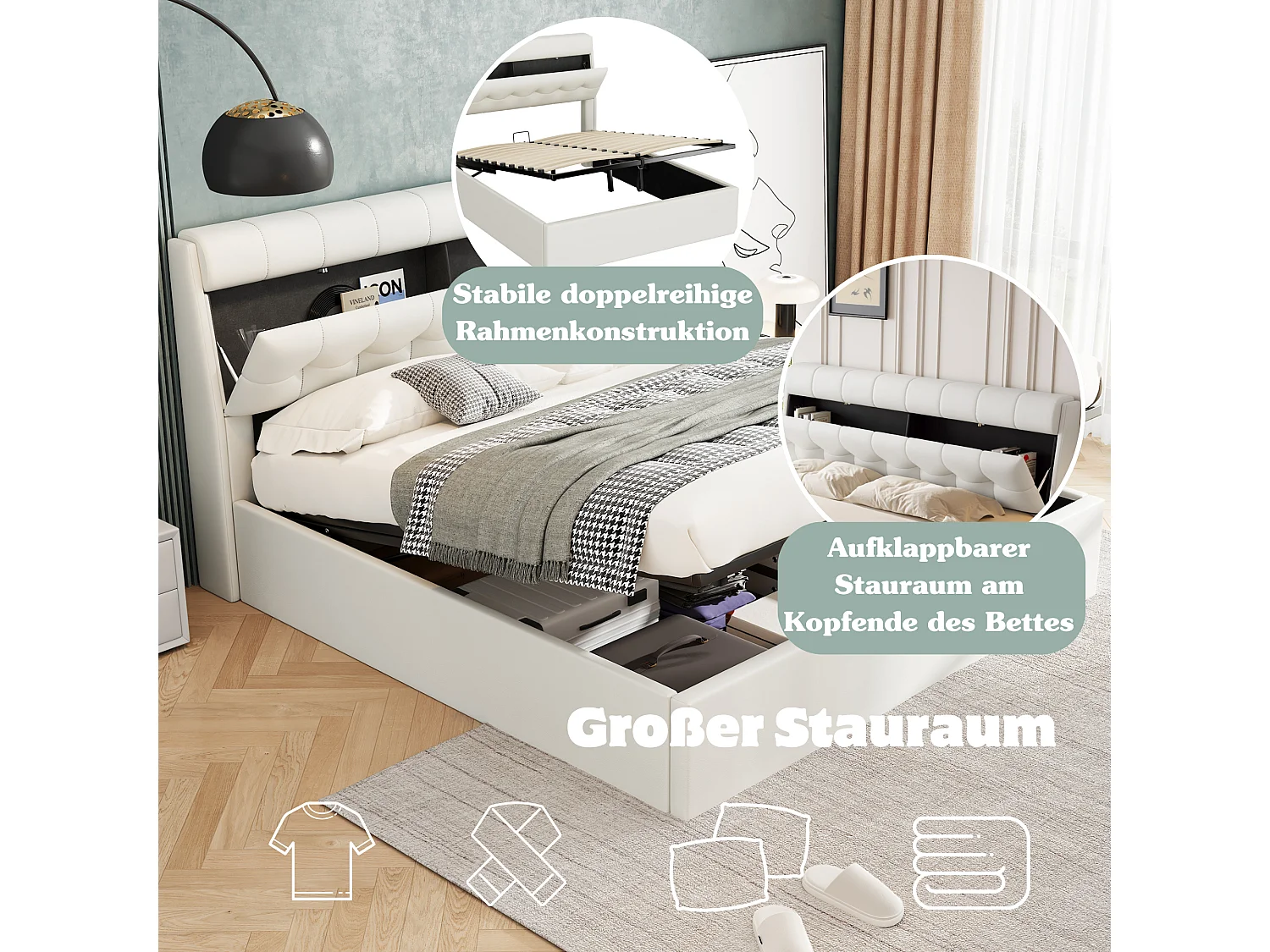 Cama estofada 160x200 PU branco com caixa de arrumação hidráulica e cabeceira