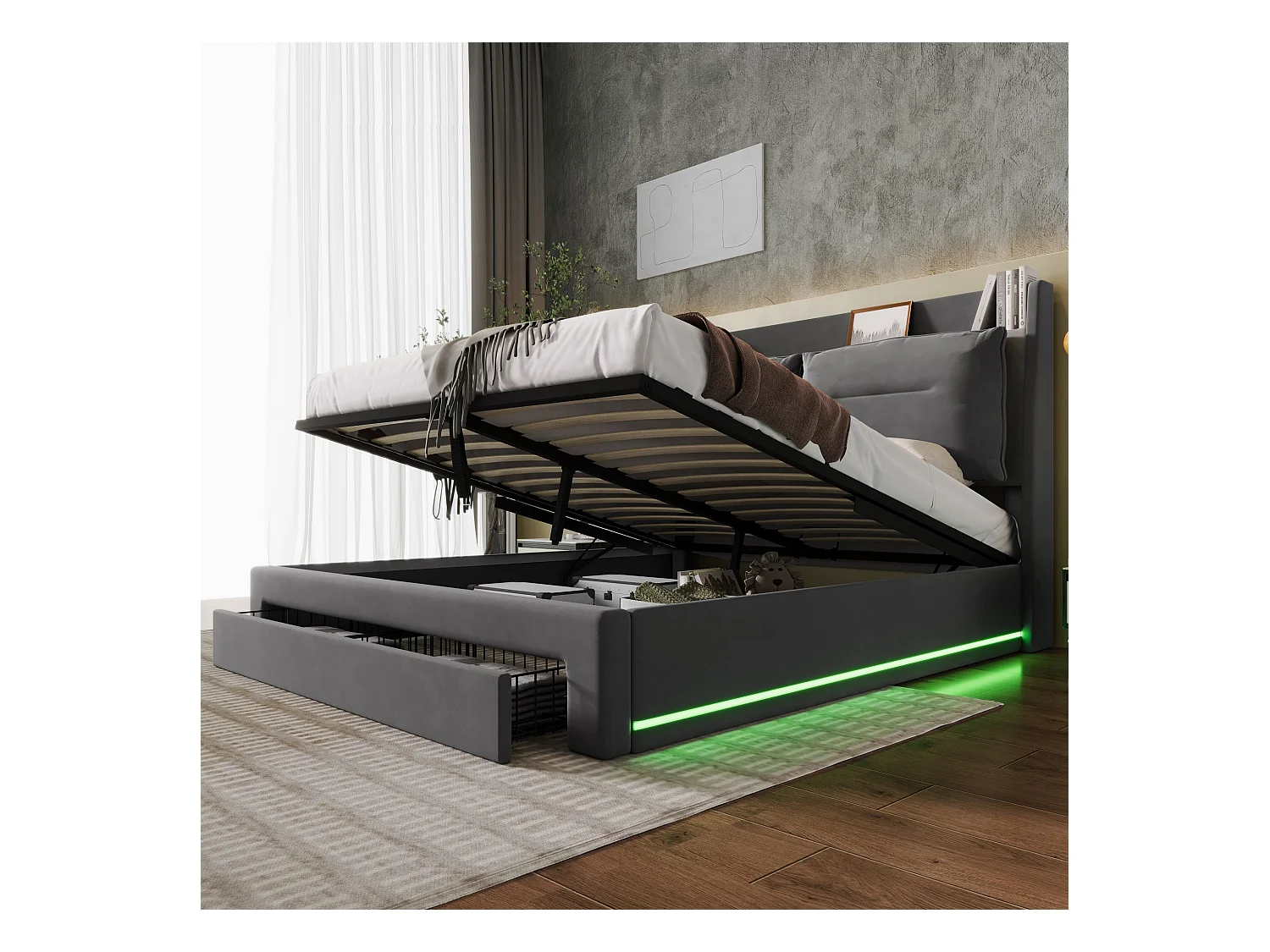 Cama tapizada LED 140x200 terciopelo gris oscuro con almacenaje hidráulico y cajones integrados