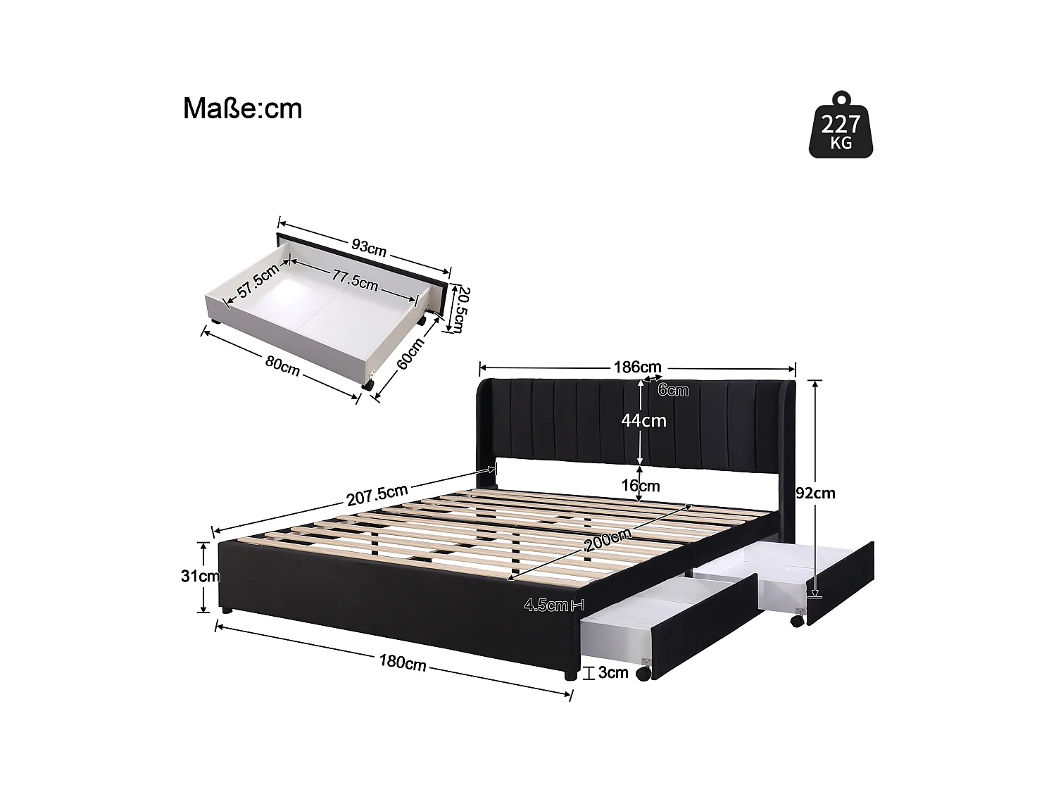 Lit double 180x200cm velours noir con 2 tiroirs et sommier à lattes