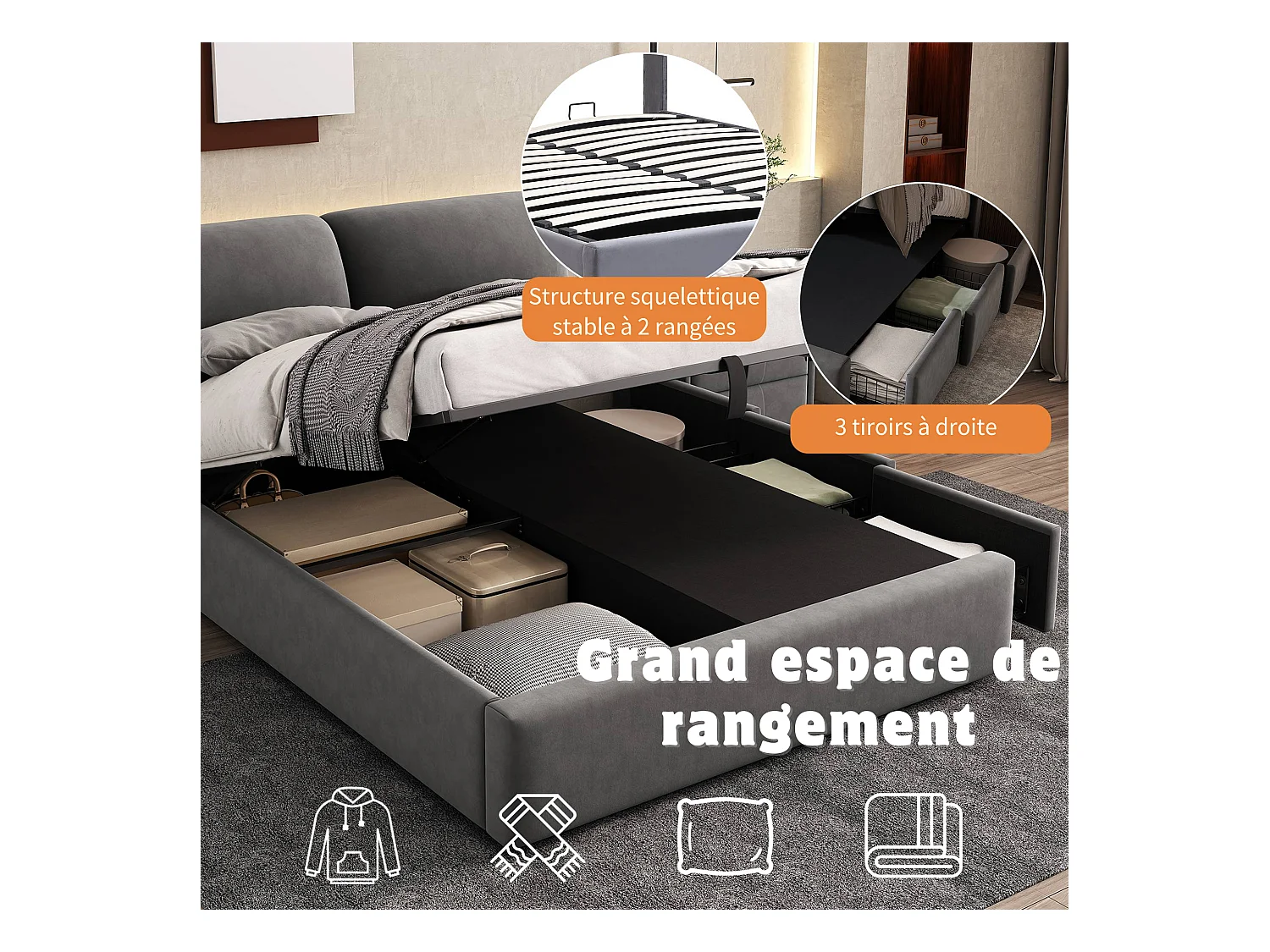 Lit tapissé 140x190 cm velours gris con sommier hydraulique et rangement