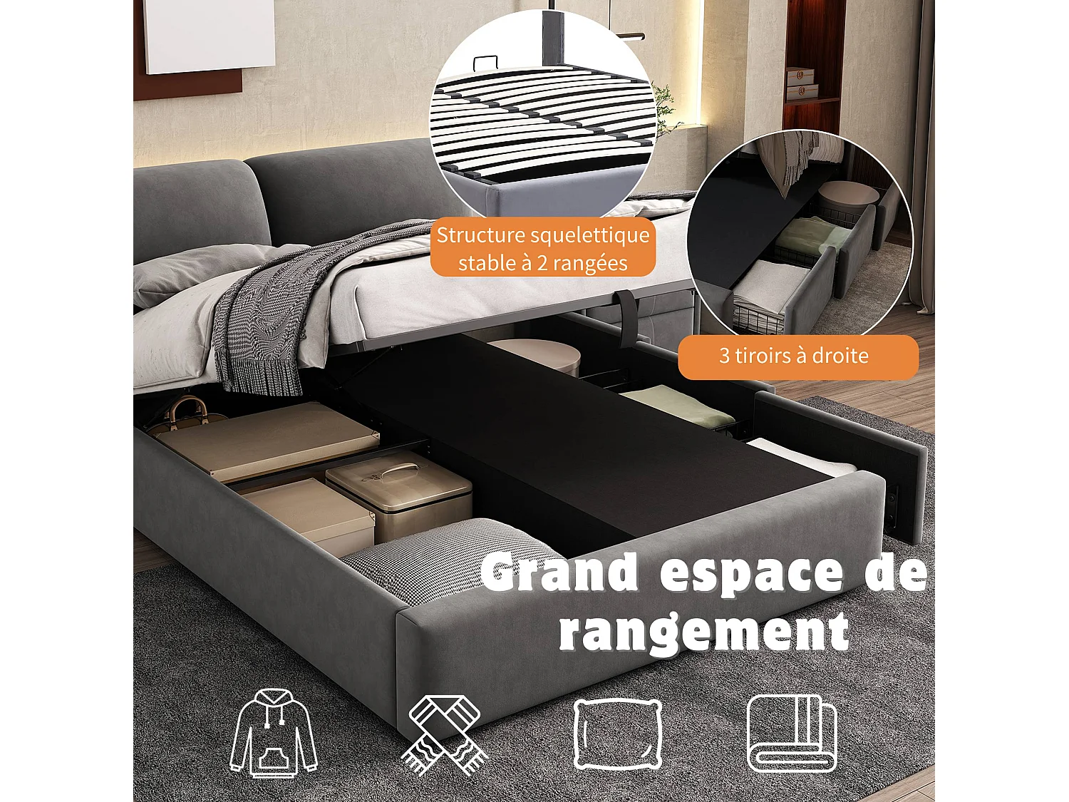 Cama estofada 140x190 cm veludo cinza com base hidráulica e arrumação