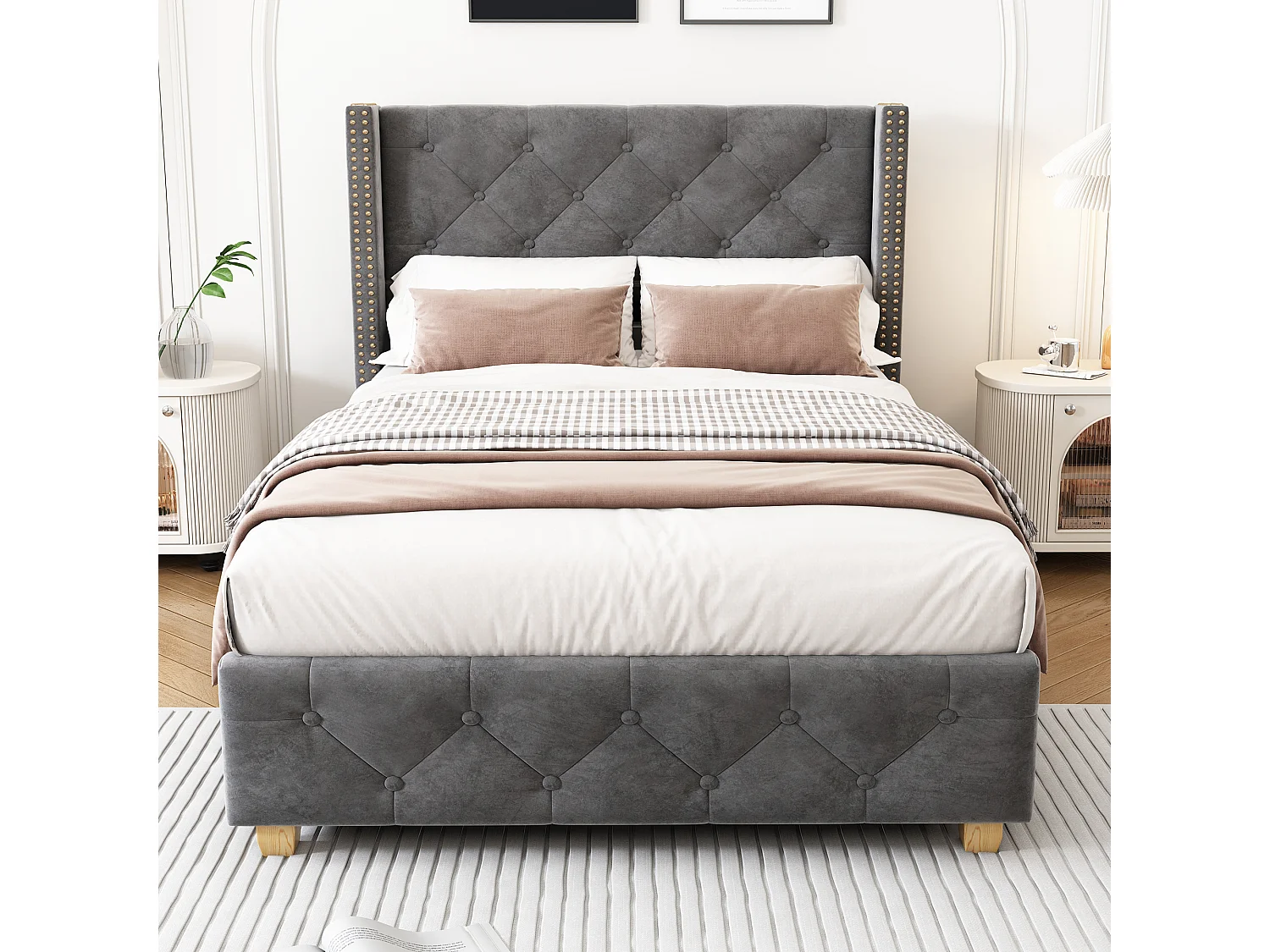 Lit 90x200 cm velours gris con tête de lit capitonnée et pieds bois