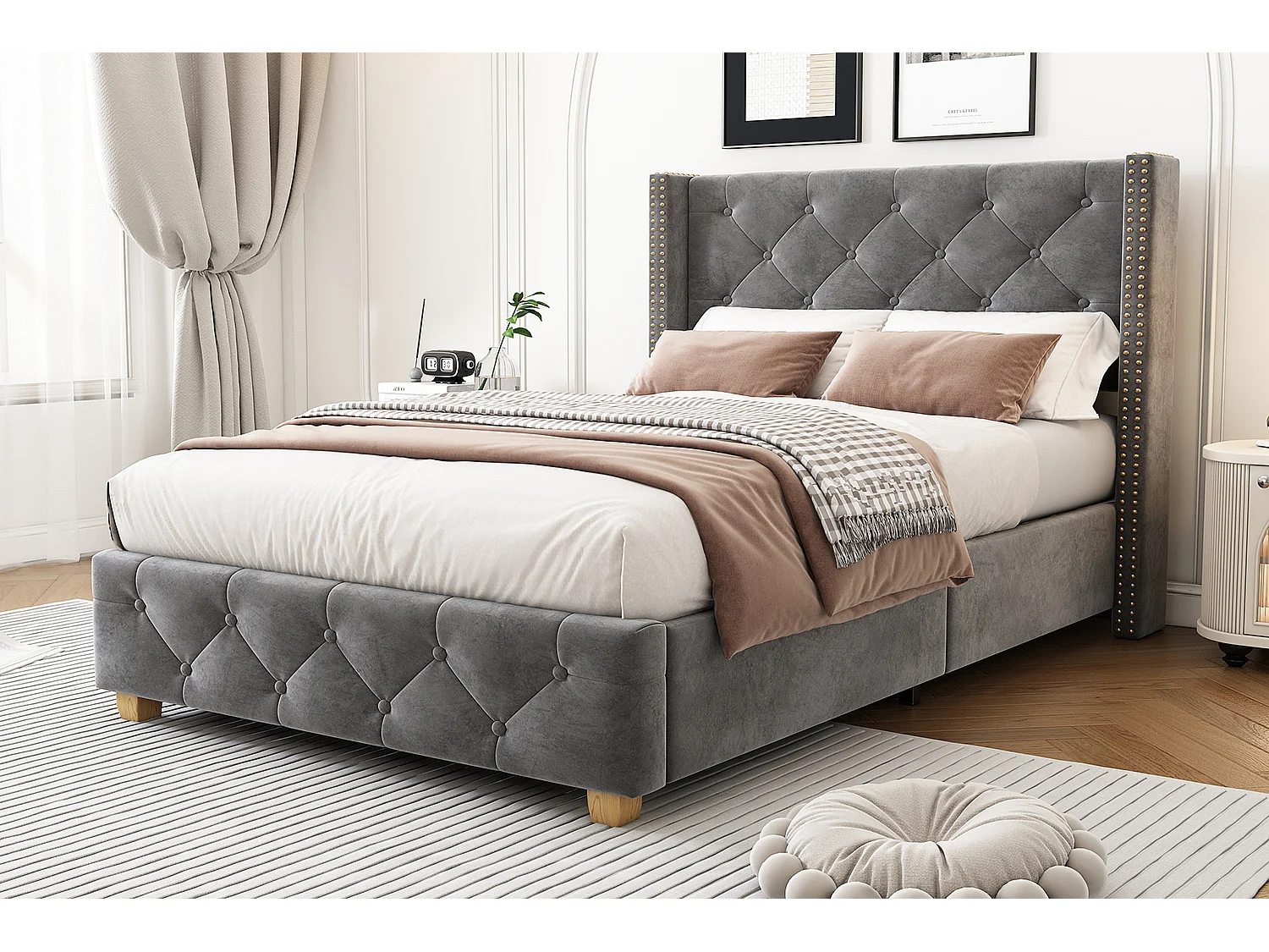 Lit 90x200 cm velours gris con tête de lit capitonnée et pieds bois