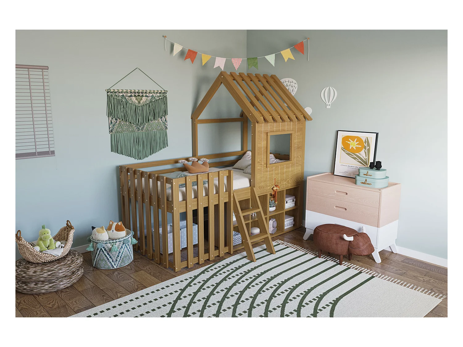 Cama infantil 90x200cm estilo casa de madera maciza con ventana de techo almacenaje Madera natural