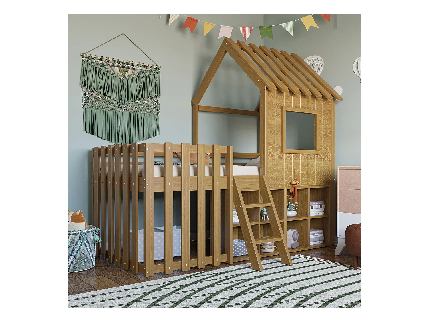Cama infantil 90x200cm estilo casa de madera maciza con ventana de techo almacenaje Madera natural