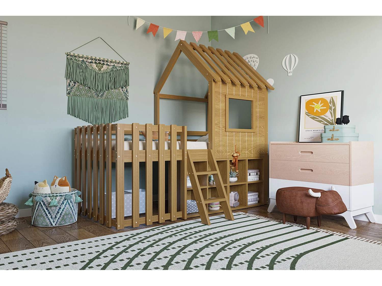 Lit enfant 90x200cm bois massif style maison avec toit fenêtre rangement bois Naturel