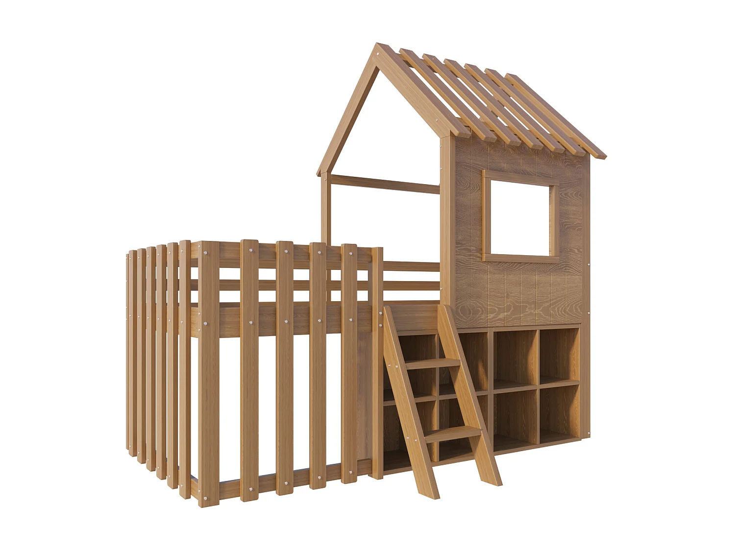 Lit enfant 90x200cm bois massif style maison avec toit fenêtre rangement bois Naturel
