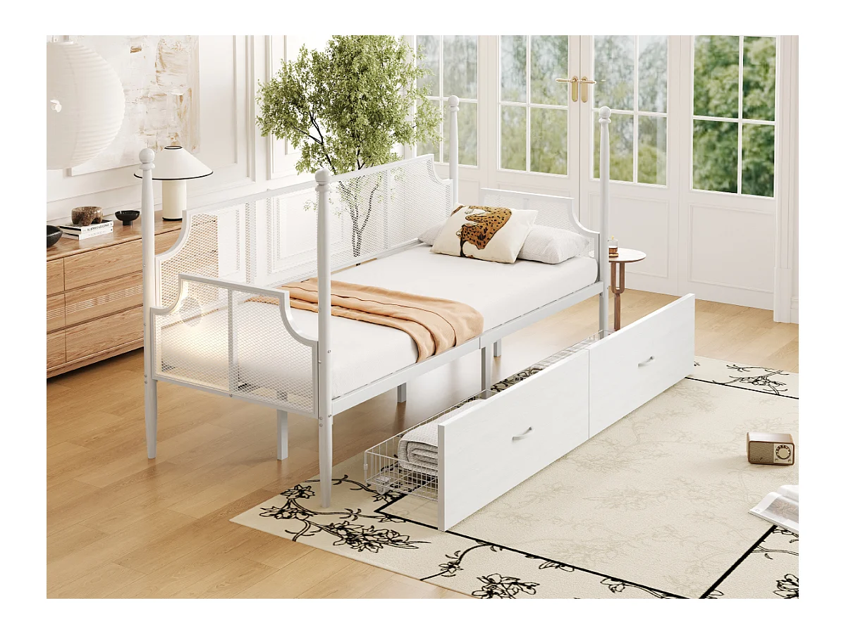 Divanetto illuminato 90x200 cm in metallo vintage con ripiani disposti per camera da letto bianca