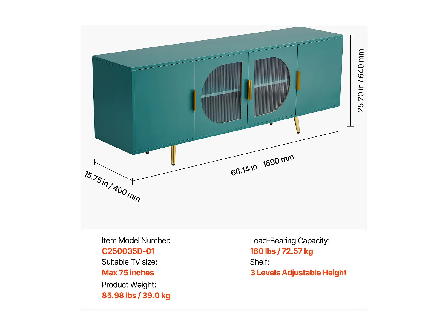 Meuble TV SucceBuy, pour Télévision jusqu’à 190,5 cm, Banc TV Moderne, Pieds Dorés et Étagères Réglables, Rangement pour Salon, Salle Multimédia, Vert
