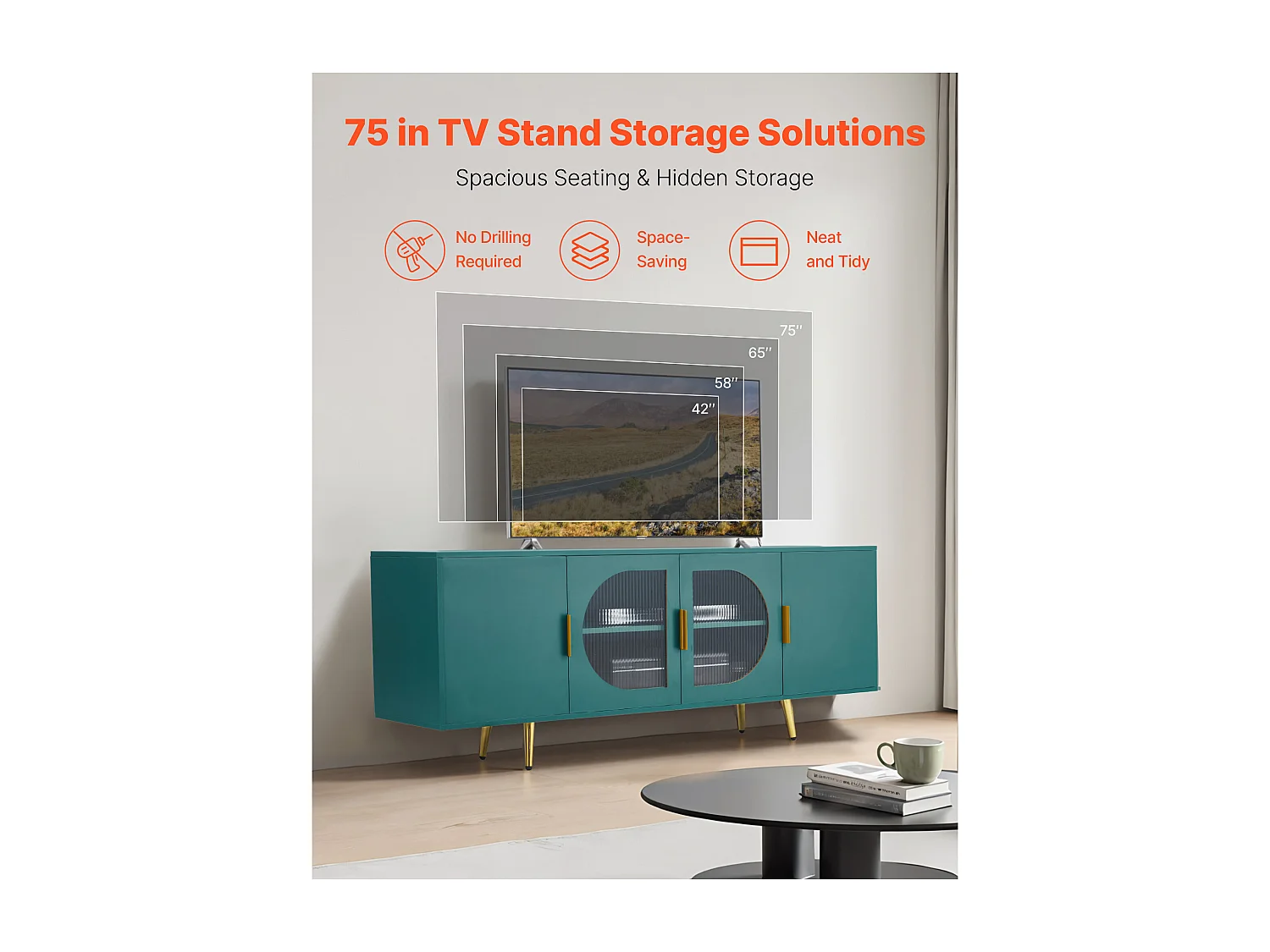 Meuble TV SucceBuy, pour Télévision jusqu’à 190,5 cm, Banc TV Moderne, Pieds Dorés et Étagères Réglables, Rangement pour Salon, Salle Multimédia, Vert