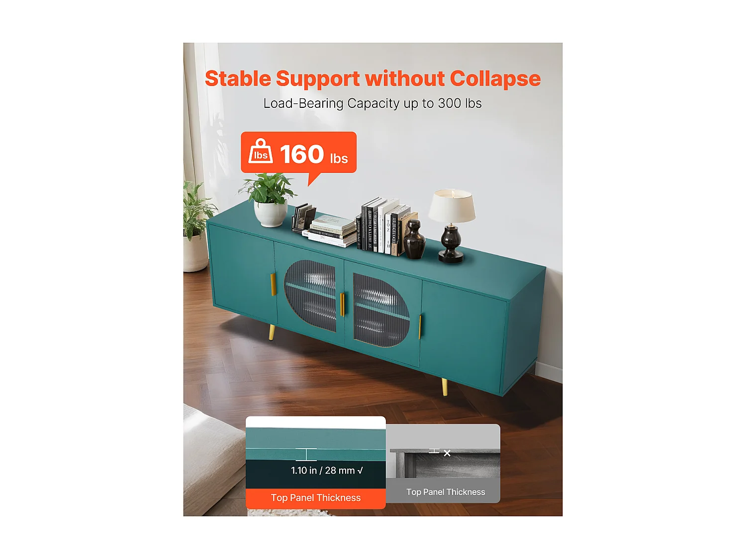 Meuble TV SucceBuy, pour Télévision jusqu’à 190,5 cm, Banc TV Moderne, Pieds Dorés et Étagères Réglables, Rangement pour Salon, Salle Multimédia, Vert