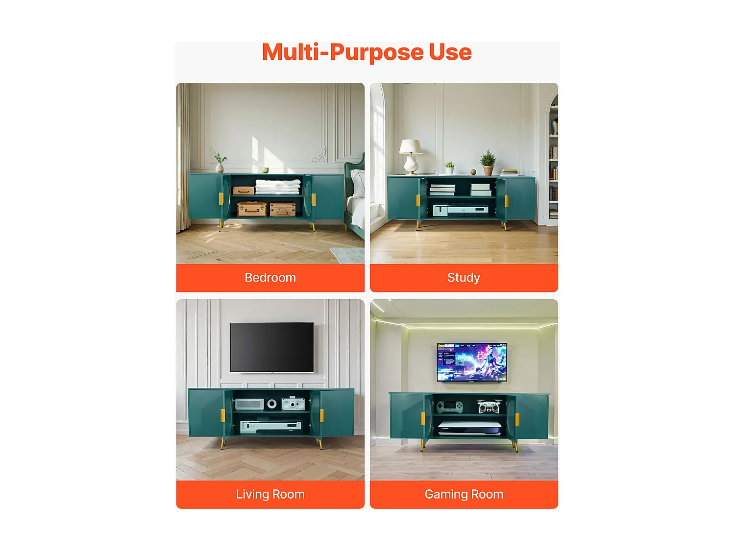 Meuble TV SucceBuy, pour Télévision jusqu’à 190,5 cm, Banc TV Moderne, Pieds Dorés et Étagères Réglables, Rangement pour Salon, Salle Multimédia, Vert