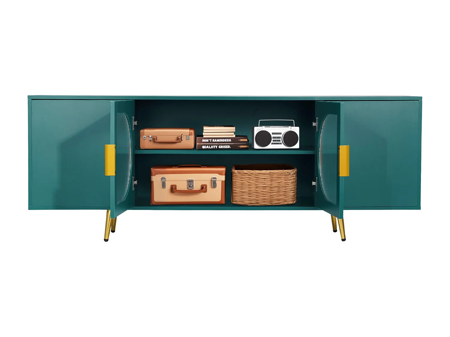 Meuble TV SucceBuy, pour Télévision jusqu’à 190,5 cm, Banc TV Moderne, Pieds Dorés et Étagères Réglables, Rangement pour Salon, Salle Multimédia, Vert