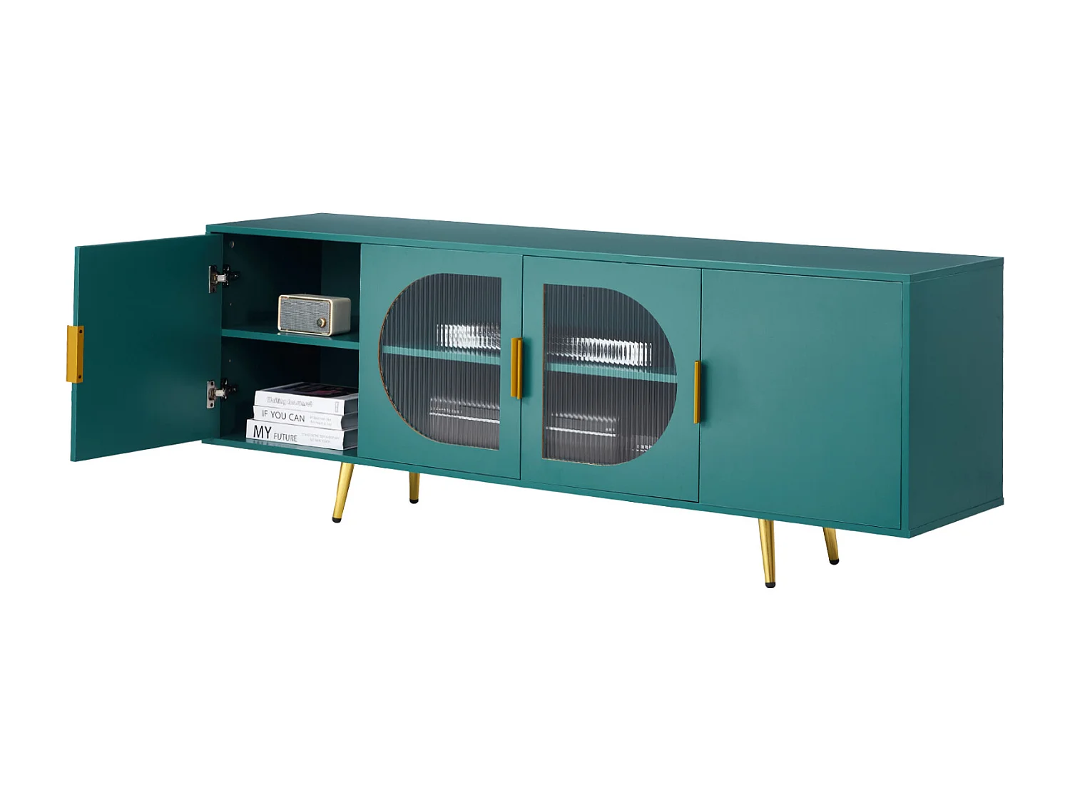 Meuble TV SucceBuy, pour Télévision jusqu’à 190,5 cm, Banc TV Moderne, Pieds Dorés et Étagères Réglables, Rangement pour Salon, Salle Multimédia, Vert