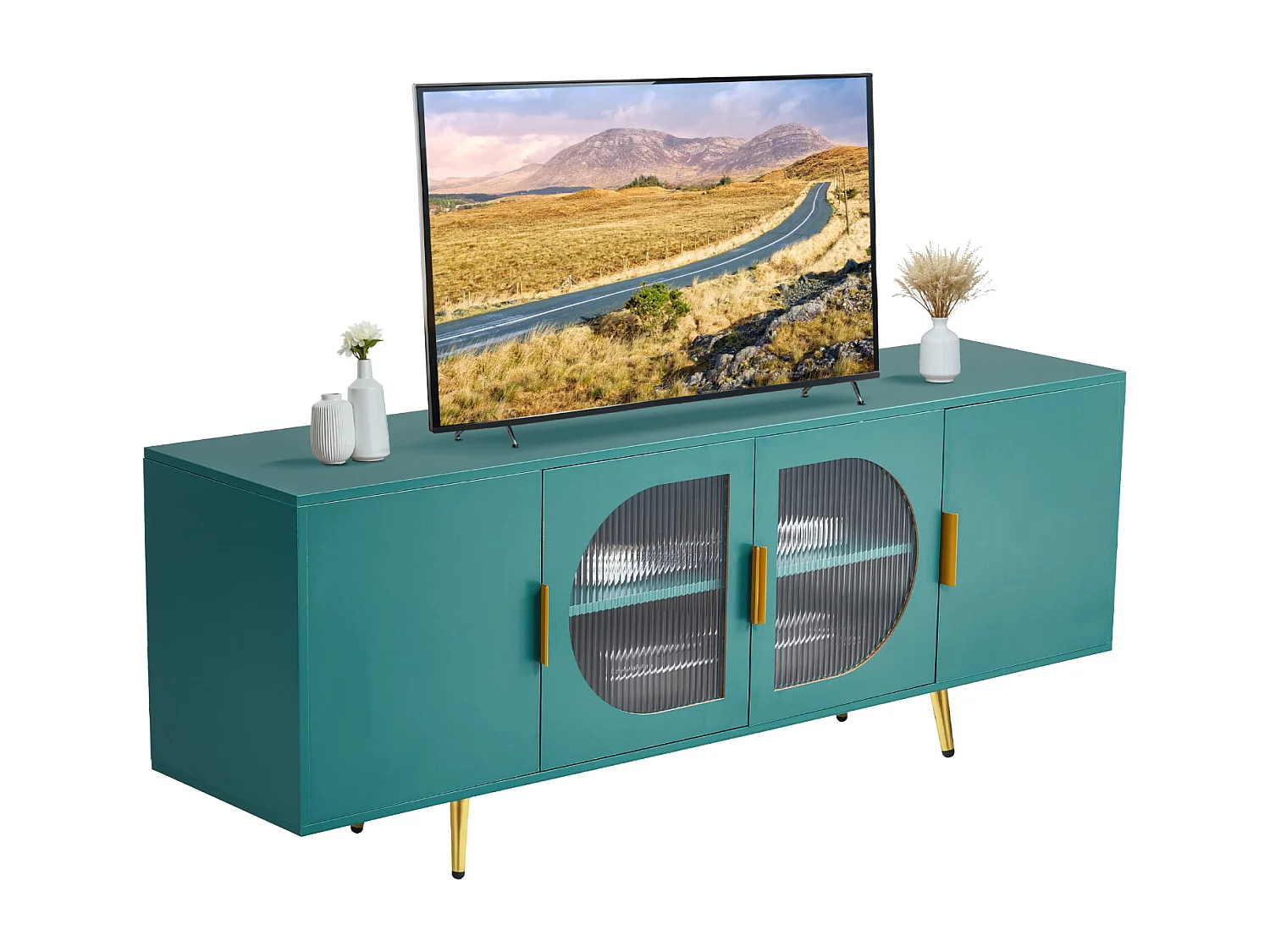 Meuble TV SucceBuy, pour Télévision jusqu’à 190,5 cm, Banc TV Moderne, Pieds Dorés et Étagères Réglables, Rangement pour Salon, Salle Multimédia, Vert