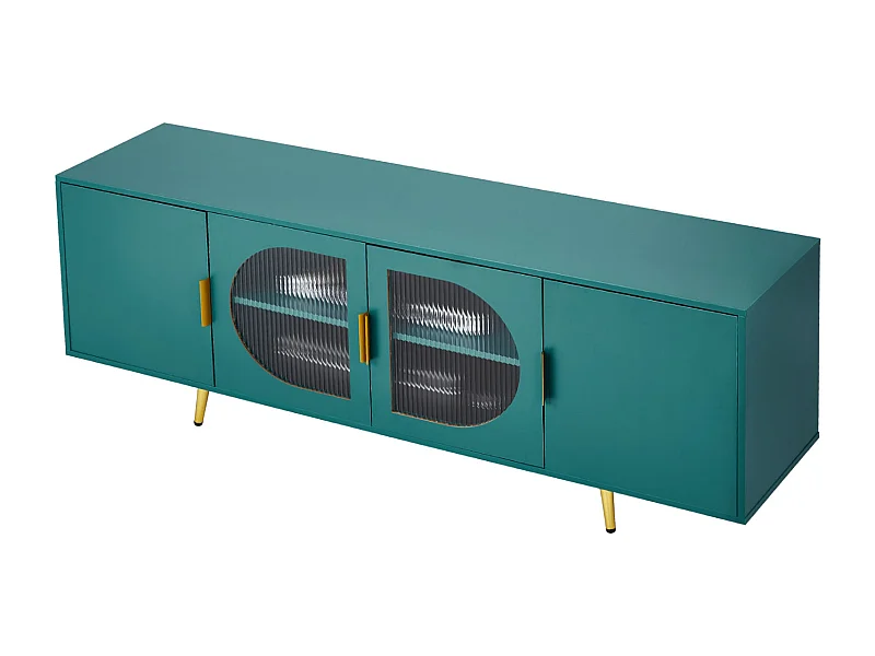 Meuble TV SucceBuy, pour Télévision jusqu’à 190,5 cm, Banc TV Moderne, Pieds Dorés et Étagères Réglables, Rangement pour Salon, Salle Multimédia, Vert