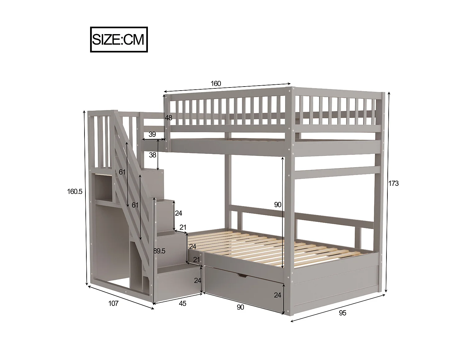 Litera 90x200cm madera maciza con cajones y escalera de seguridad junior gris