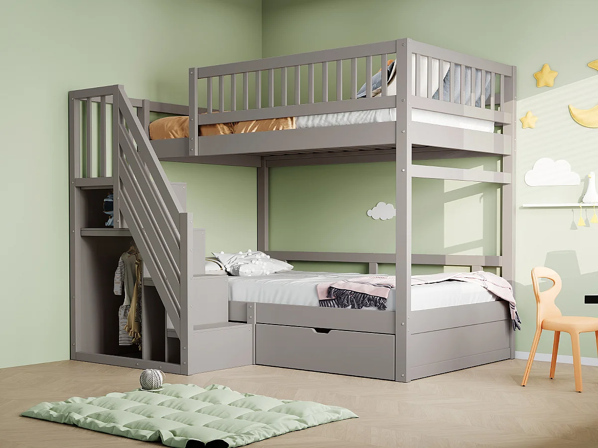 Litera 90x200cm madera maciza con cajones y escalera de seguridad junior gris