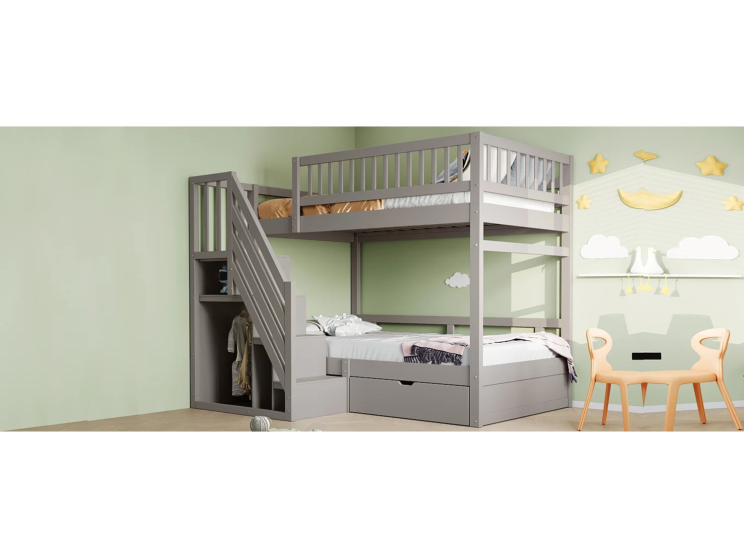 Litera 90x200cm madera maciza con cajones y escalera de seguridad junior gris