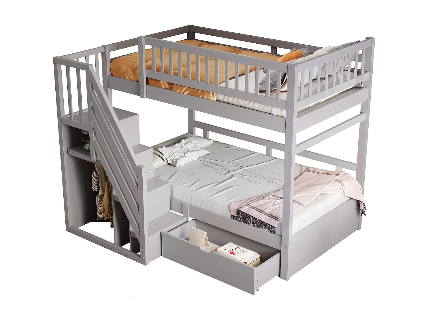 Litera 90x200cm madera maciza con cajones y escalera de seguridad junior gris