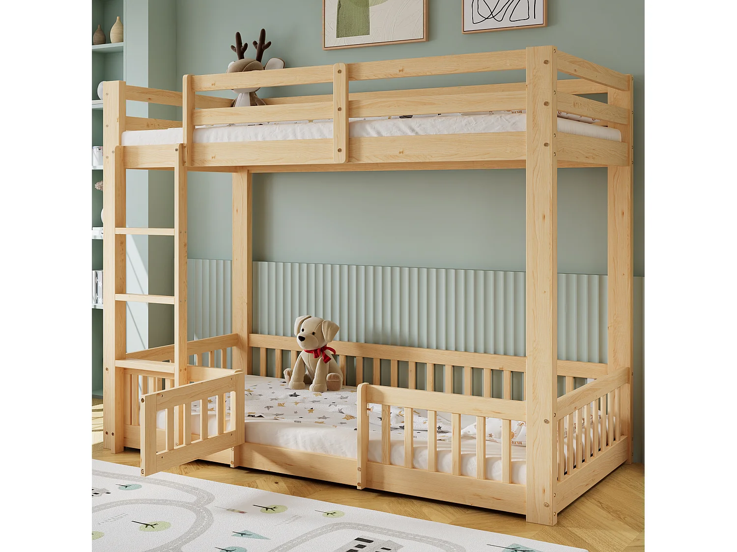 Beliche infantil 90x200 cm madeira natural com escada reta e barreiras de segurança