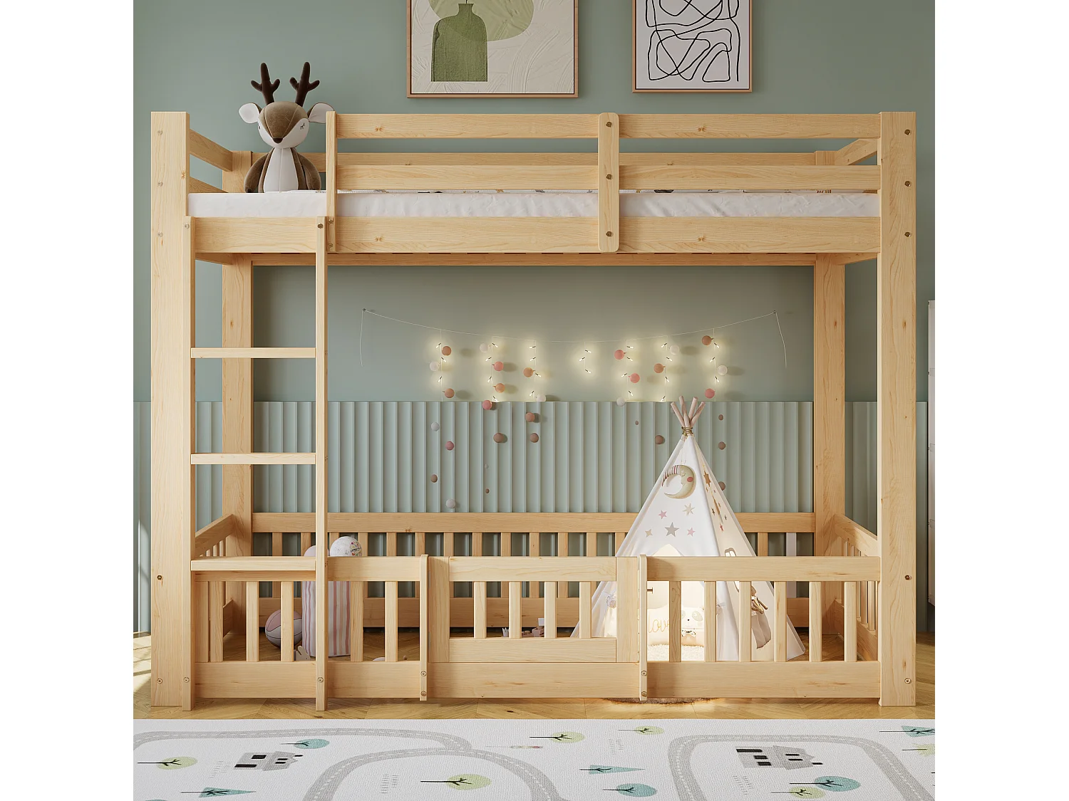 Beliche infantil 90x200 cm madeira natural com escada reta e barreiras de segurança