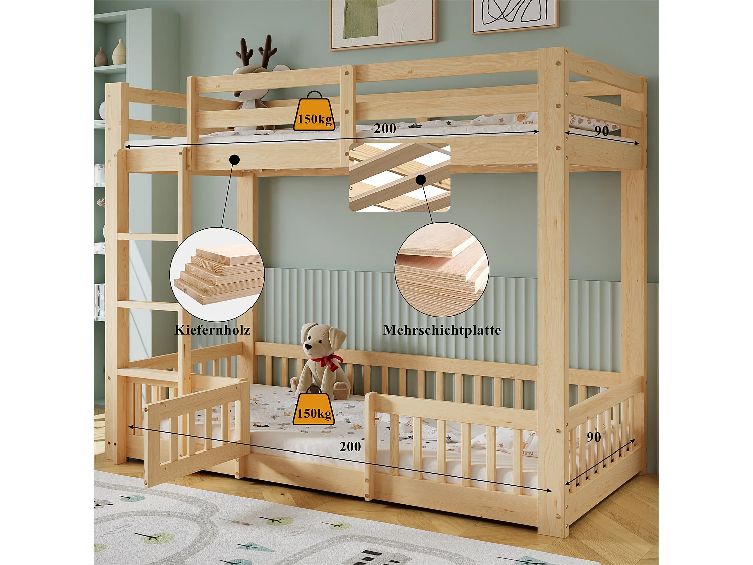 Beliche infantil 90x200 cm madeira natural com escada reta e barreiras de segurança