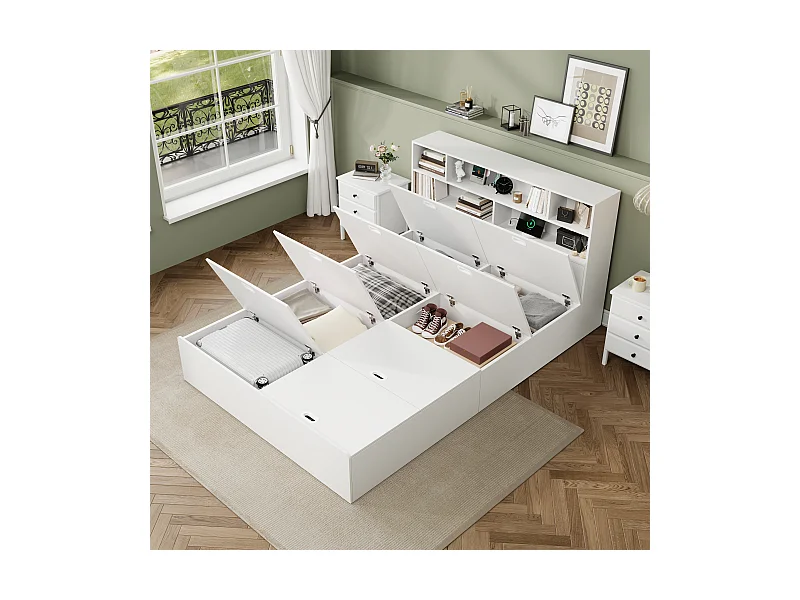 Coffre doppio illuminato 140x200 cm in legno massiccio con rangement, USB integrato, bianco, senza matelas