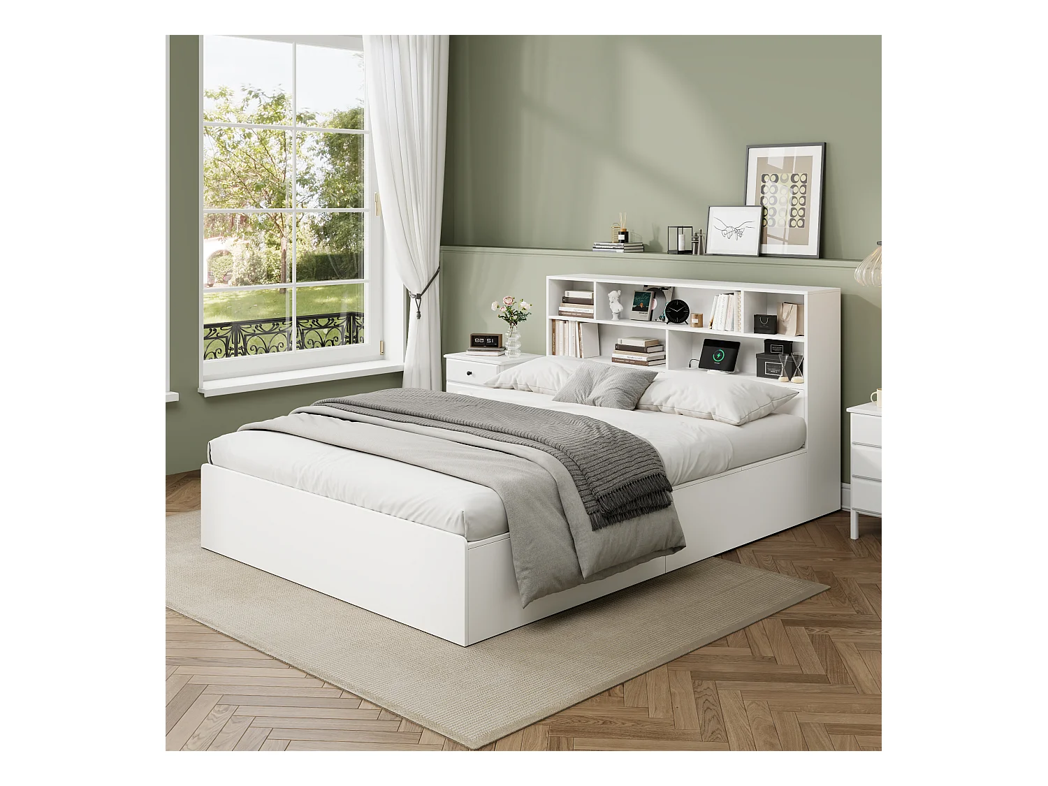 Cama doble con canapé 140x200 cm en madera maciza con almacenaje, USB integrado, color blanco, sin colchón