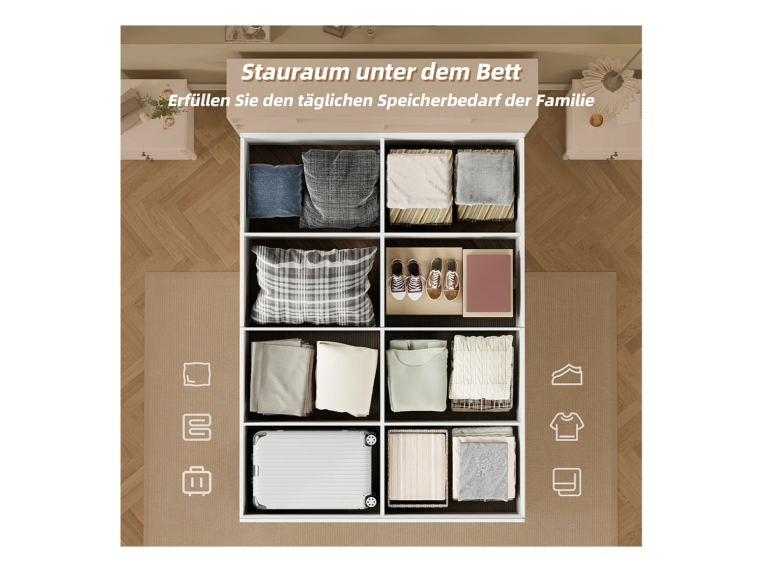 Cama doble con canapé 140x200 cm en madera maciza con almacenaje, USB integrado, color blanco, sin colchón