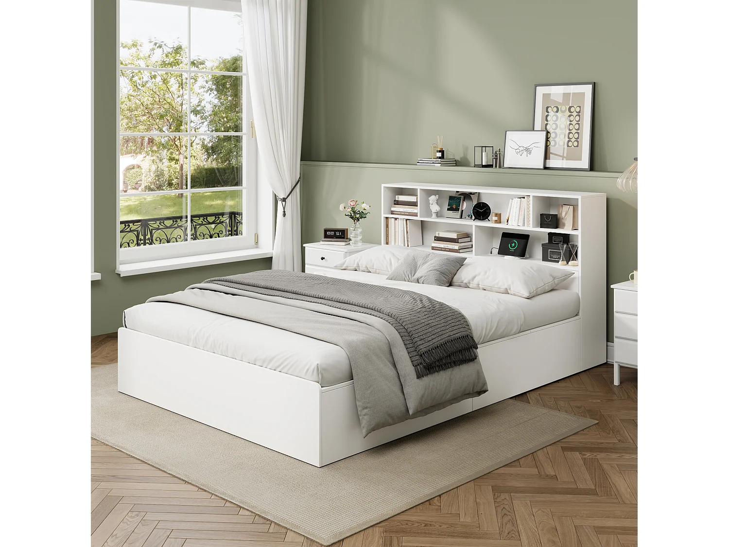 Cama doble con canapé 140x200 cm en madera maciza con almacenaje, USB integrado, color blanco, sin colchón