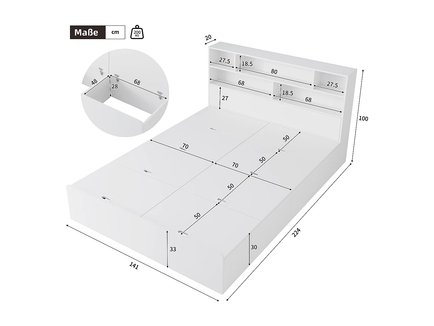 Cama doble con canapé 140x200 cm en madera maciza con almacenaje, USB integrado, color blanco, sin colchón