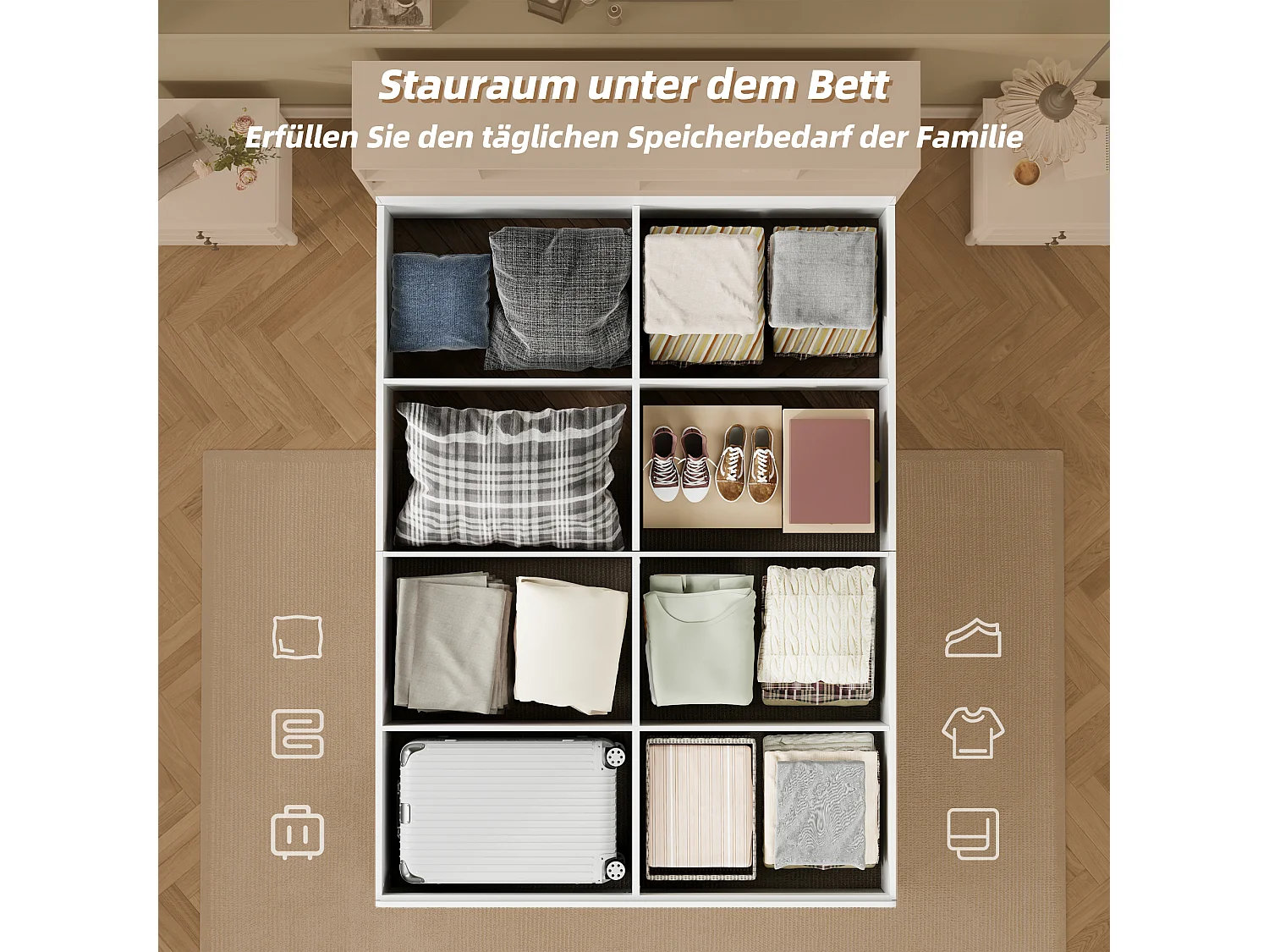 Cama doble con canapé 140x200 cm en madera maciza con almacenaje, USB integrado, color blanco, sin colchón