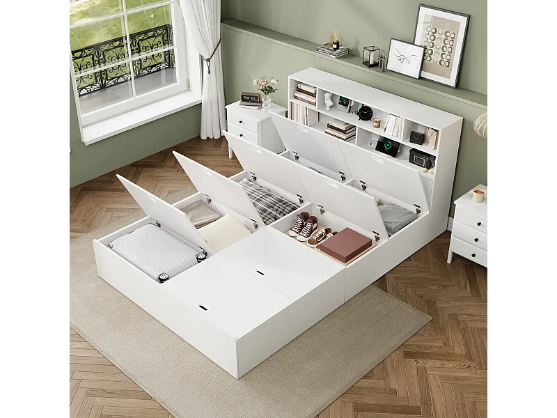 Cama de casal com arrumação 140x200 cm em madeira maciça com arrumação, USB integrado, branca, sem colchão