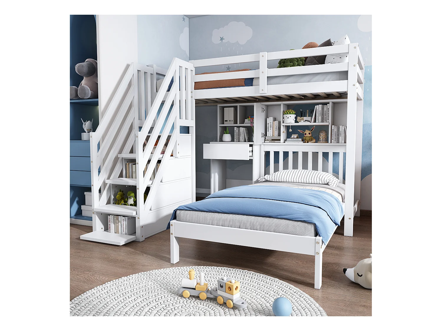 Beliche infantil 90x200 cm em madeira maciça com escrivaninha, arrumação e prateleiras em branco